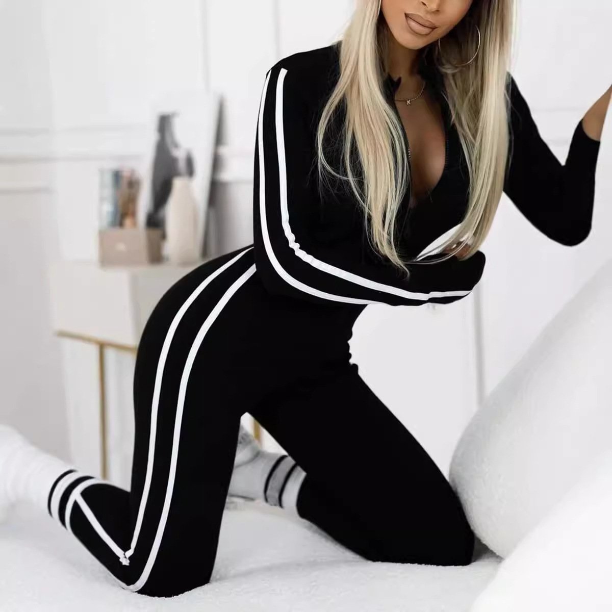 🔥Sista dagen 49% RABATT🔥Slim Fit Side Web Jumpsuit med halv dragkedja för kvinnor